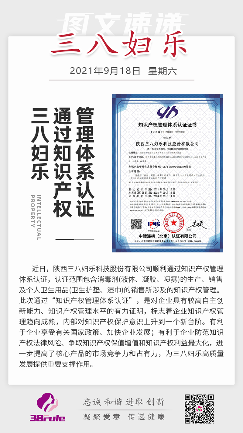 三八婦樂通過知識產(chǎn)權(quán)管理體系認證