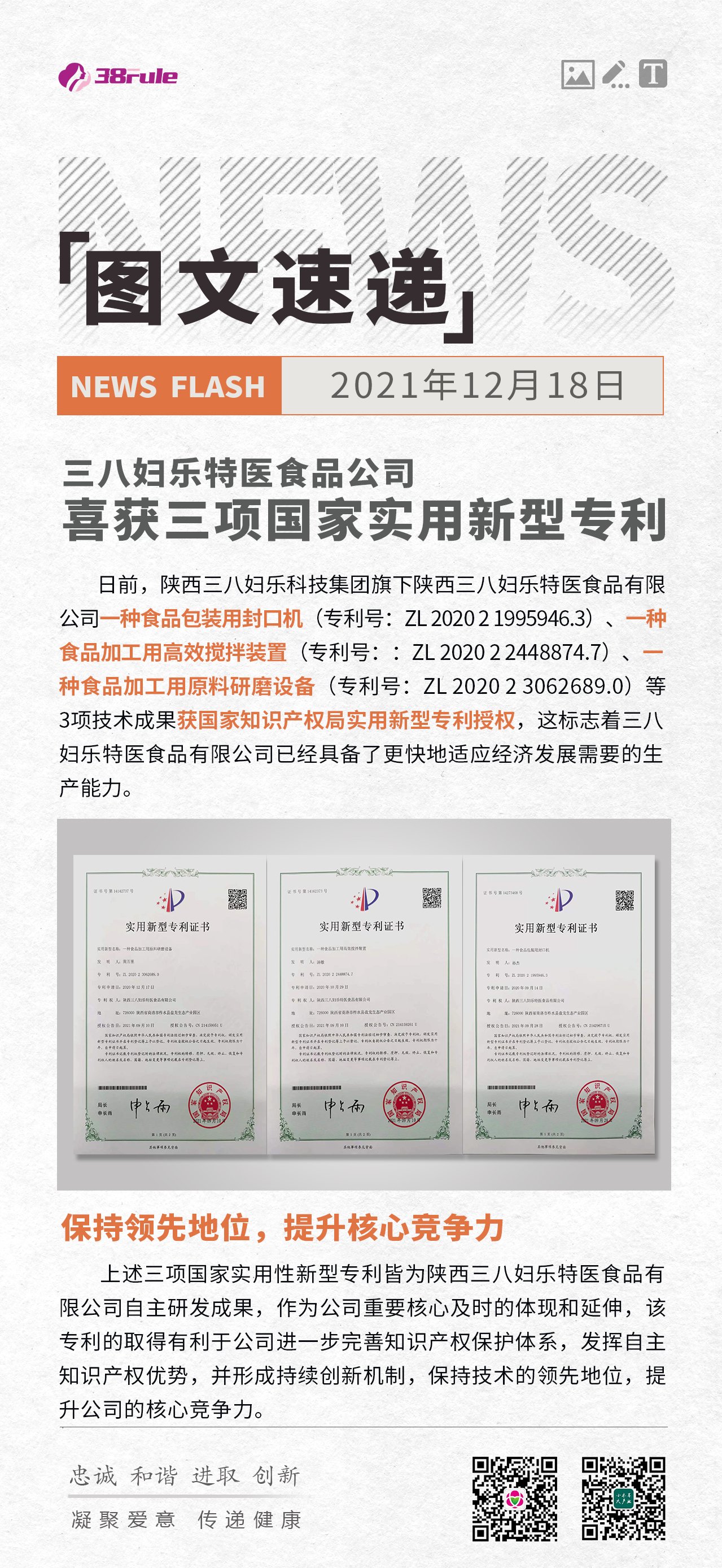 三八婦樂(lè)特醫(yī)食品公司喜獲三項(xiàng)國(guó)家實(shí)用新型專利